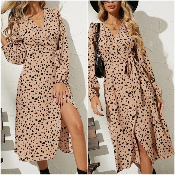 Boho Leopard Print Bishop Sleeve Wrap Dress - Picture 11 of 11